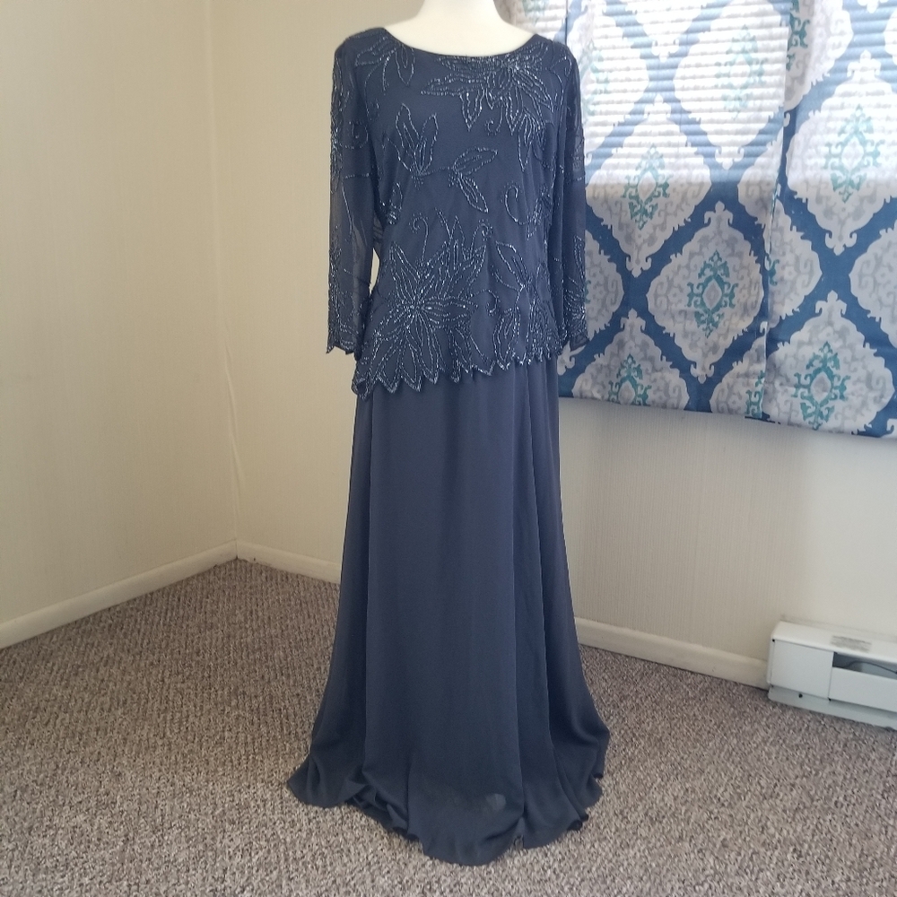 J Kara Grey/Multi Beaded Maxi Dress Mother of the Bride or Groom